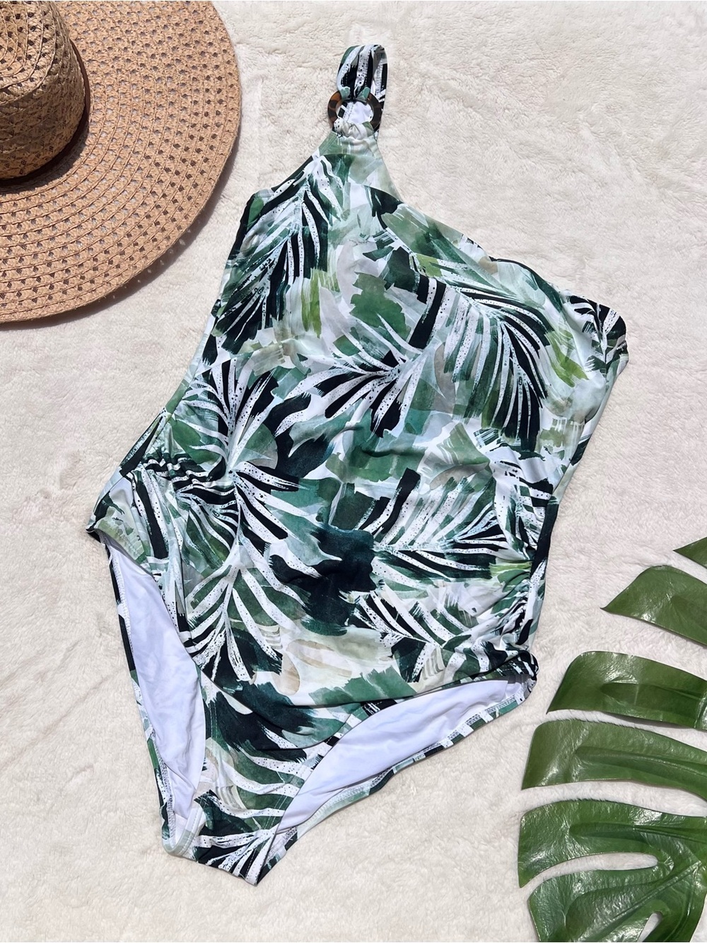 Nip Tuck Swim One Shoulder Tropical Palm Print One Piece Swimsuit US 10 Shaping